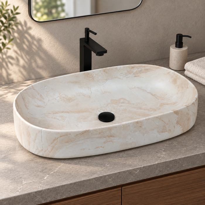 Oval ceramic table top wash basin with a matte cream and beige marble-pattern finish, measuring 675 × 350 × 140 mm.
