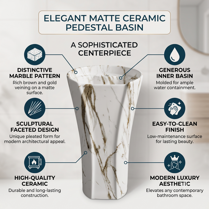 Oval freestanding pedestal wash basin 15.7 x 13.8 x 33.1 inch white marble pattern ceramic with matte finish and modern floor standing design for luxury bathrooms