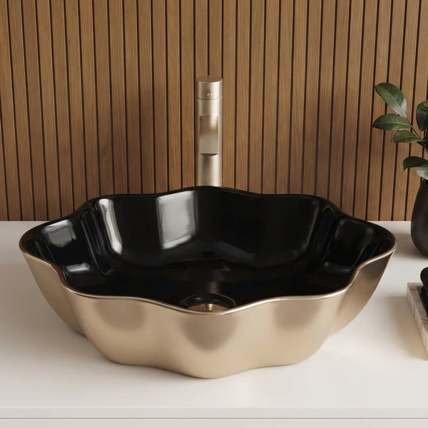 Oval Table Top Wash Basin – Black & Gold with Scalloped Floral Design (20x12x5.5 In)