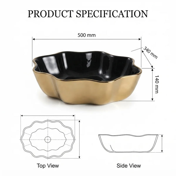Oval Table Top Wash Basin – Black & Gold with Scalloped Floral Design (20x12x5.5 In)