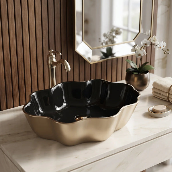 Oval Table Top Wash Basin – Black & Gold with Scalloped Floral Design (20x12x5.5 In)