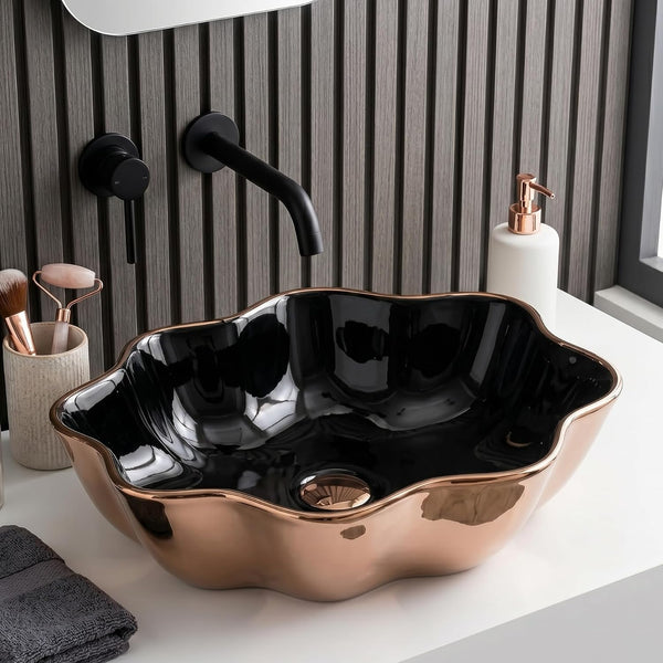 Oval Table Top Wash Basin – Black & Gold with Scalloped Floral Design (20x12x5.5 In)