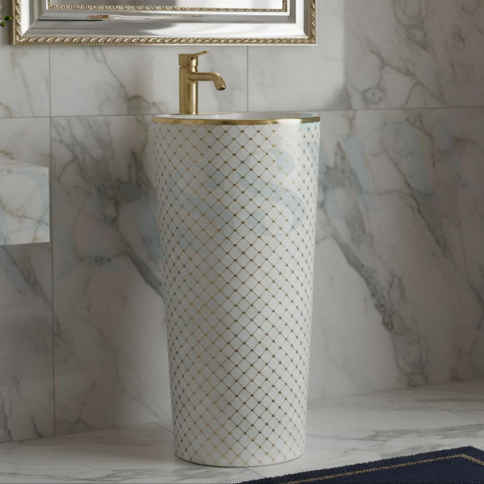 Bassino Luxury Pedestal Wash Basin – White with Gold Net Design | 16.5″ × 16.5″ × 33.5″ In