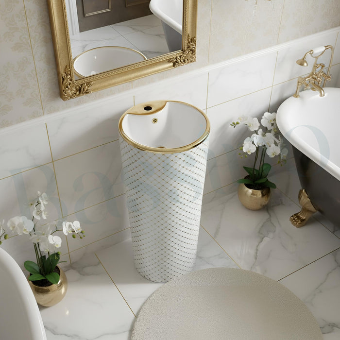 Bassino Luxury Pedestal Wash Basin – White with Gold Net Design | 16.5″ × 16.5″ × 33.5″ In