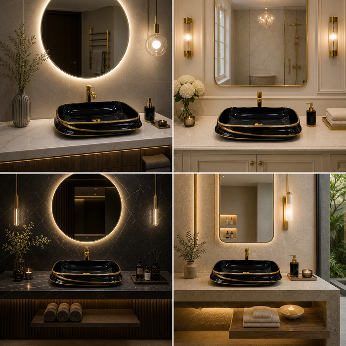 Premium Black & Gold Rectangular Luxury Countertop Wash Basin