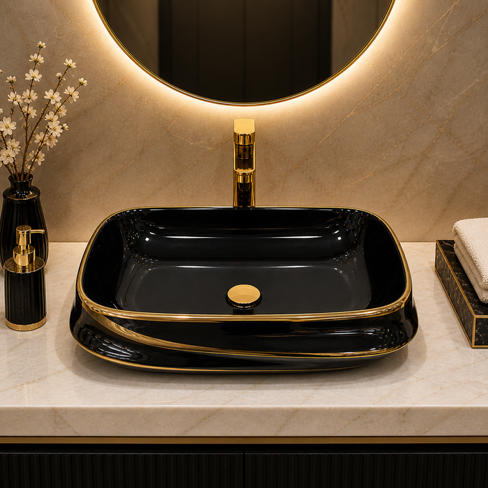 Premium Black & Gold Rectangular Luxury Countertop Wash Basin