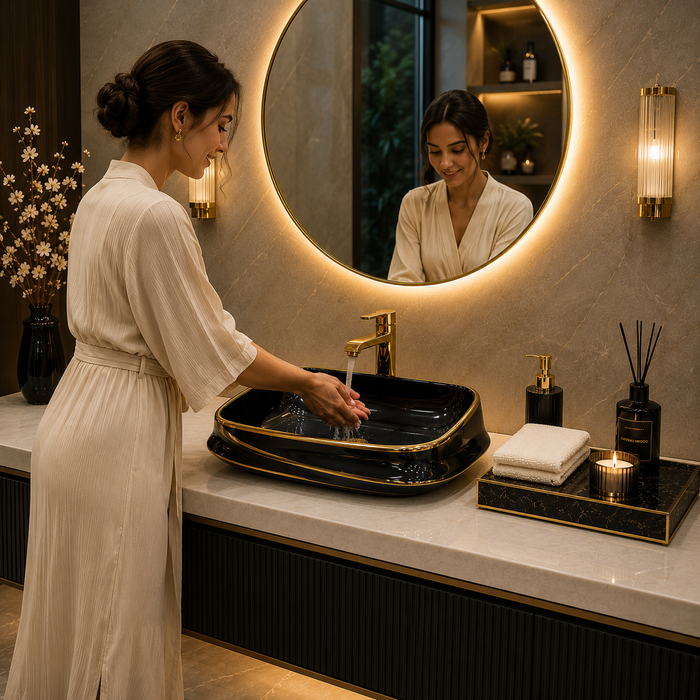 Premium Black & Gold Rectangular Luxury Countertop Wash Basin