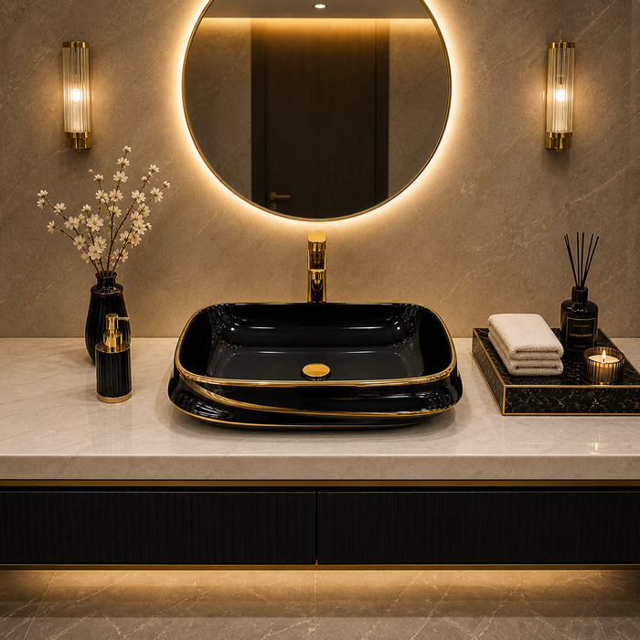 Premium Black & Gold Rectangular Luxury Countertop Wash Basin