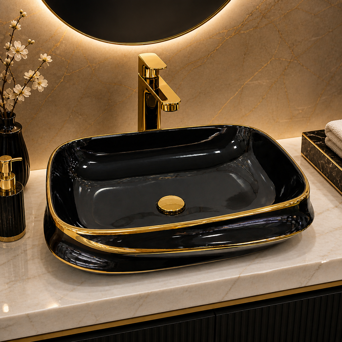 Premium Black & Gold Rectangular Luxury Countertop Wash Basin