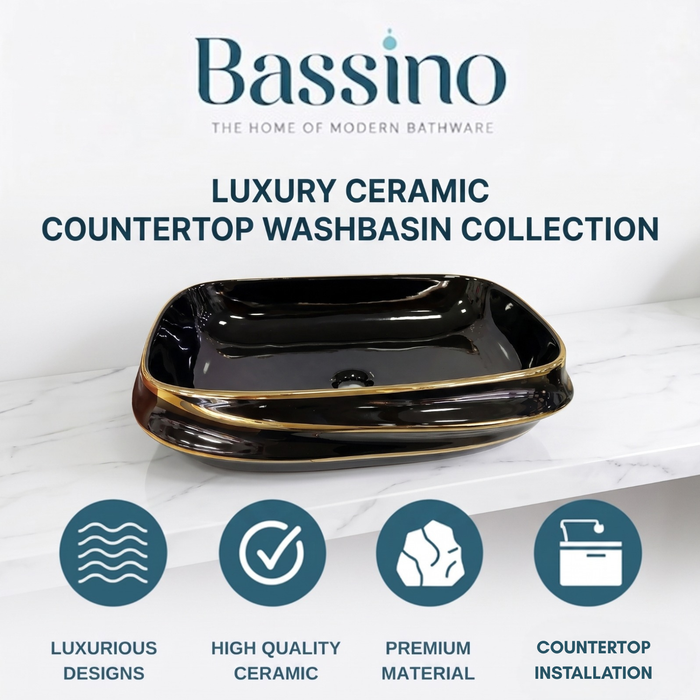 Premium Black & Gold Rectangular Luxury Countertop Wash Basin