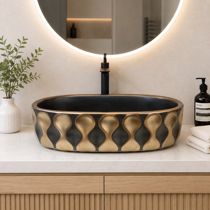 Premium Designer Ceramic Table Top Wash Basin, Black-Rosegold Matt (20 x 12.5 x 5.5 In) ZXTT/760