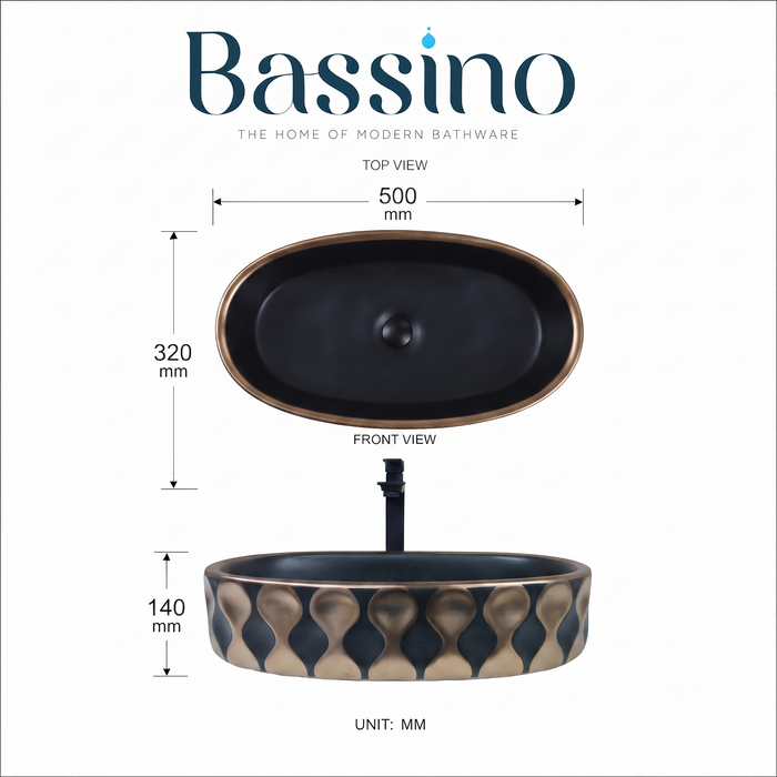 Premium Designer Ceramic Table Top Wash Basin, Black-Rosegold Matt (20 x 12.5 x 5.5 In) ZXTT/760