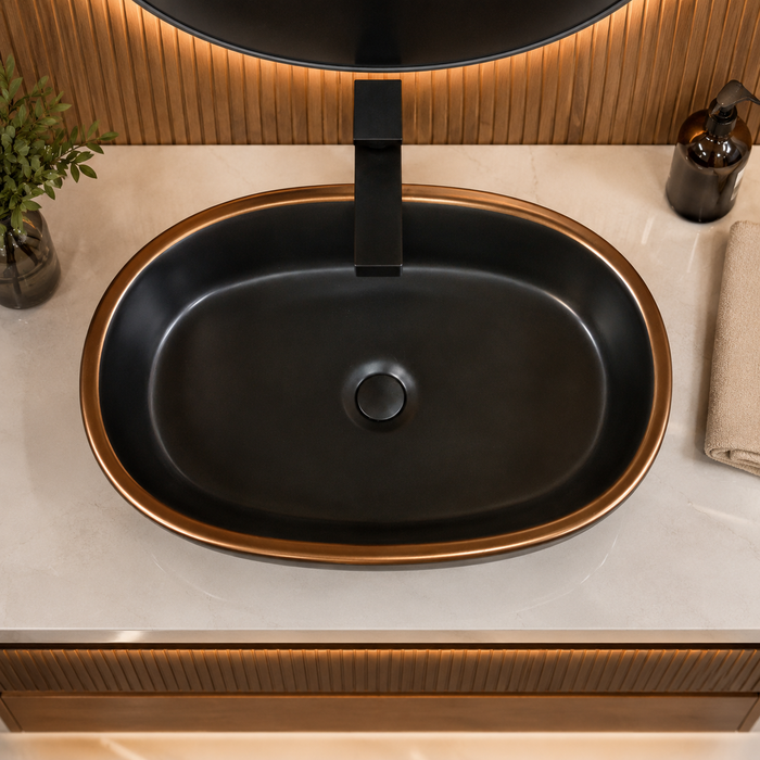 Premium Designer Ceramic Table Top Wash Basin, Black-Rosegold Matt (20 x 12.5 x 5.5 In) ZXTT/760