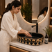Premium Designer Ceramic Table Top Wash Basin, Black-Rosegold Matt (20 x 12.5 x 5.5 In) ZXTT/760