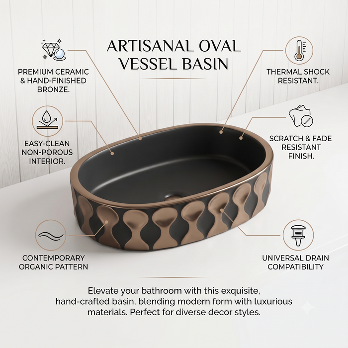 Premium Designer Ceramic Table Top Wash Basin, Black-Rosegold Matt (20 x 12.5 x 5.5 In) ZXTT/760