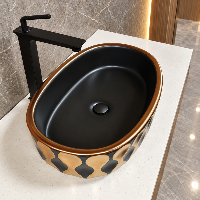 Premium Designer Ceramic Table Top Wash Basin, Black-Rosegold Matt (20 x 12.5 x 5.5 In) ZXTT/760