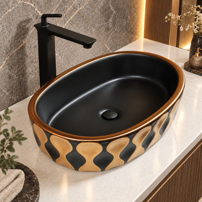 Premium Designer Ceramic Table Top Wash Basin, Black-Rosegold Matt (20 x 12.5 x 5.5 In) ZXTT/760