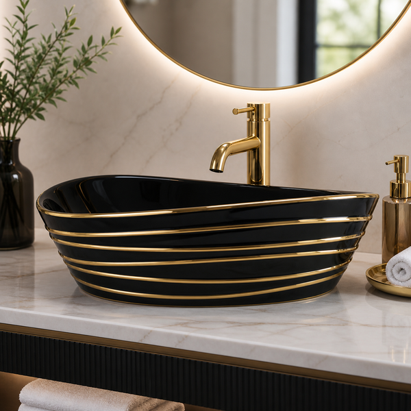 Premium Designer Ceramic Table Top Wash Basin, Black, Gold & Rose Gold Finish (22 x 14 x 6.5 In) Black