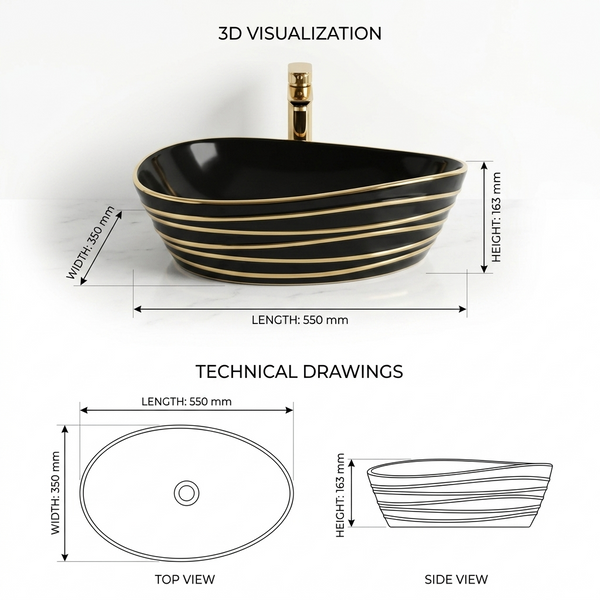 Premium Designer Ceramic Table Top Wash Basin, Black, Gold & Rose Gold Finish (22 x 14 x 6.5 In) Black