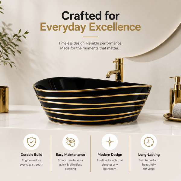 Premium Designer Ceramic Table Top Wash Basin, Black, Gold & Rose Gold Finish (22 x 14 x 6.5 In) Black