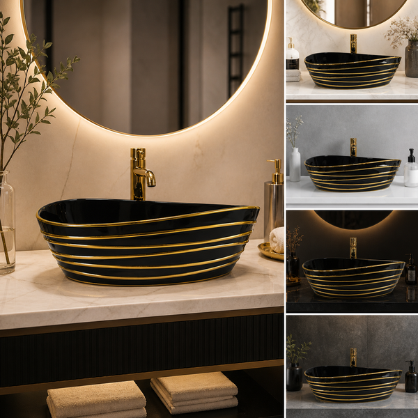 Premium Designer Ceramic Table Top Wash Basin, Black, Gold & Rose Gold Finish (22 x 14 x 6.5 In) Black