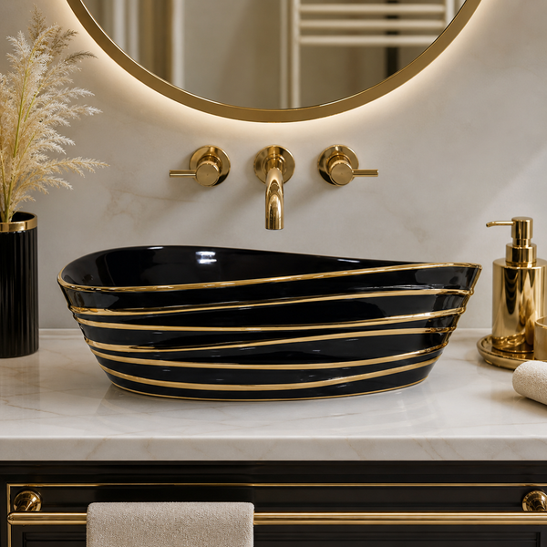 Premium Designer Ceramic Table Top Wash Basin, Black, Gold & Rose Gold Finish (22 x 14 x 6.5 In) Black