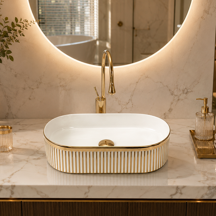 Premium Designer Table top Wash Basin (19x13x5.25 In) White Gold