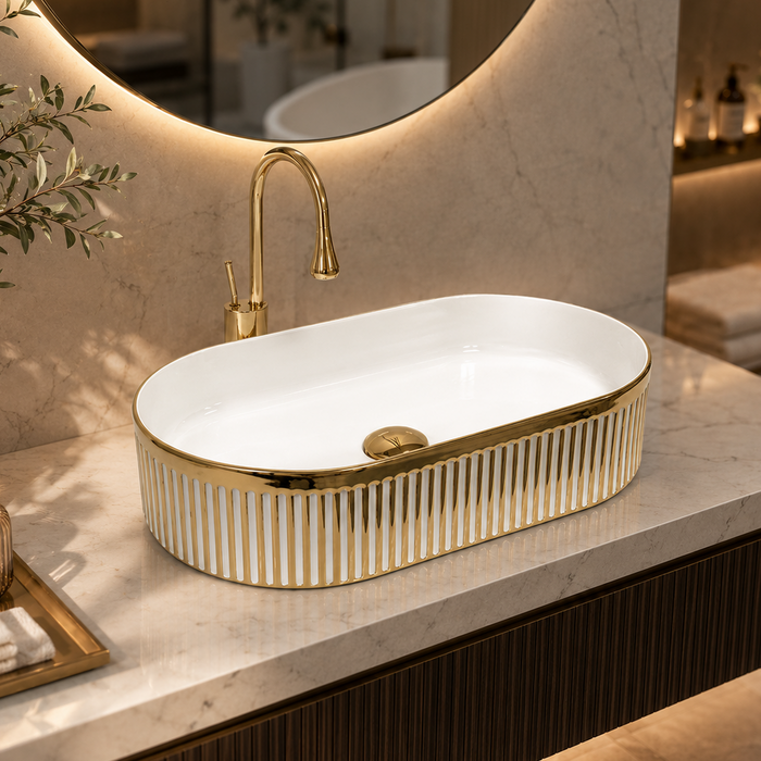 Premium Designer Table top Wash Basin (19x13x5.25 In) White Gold