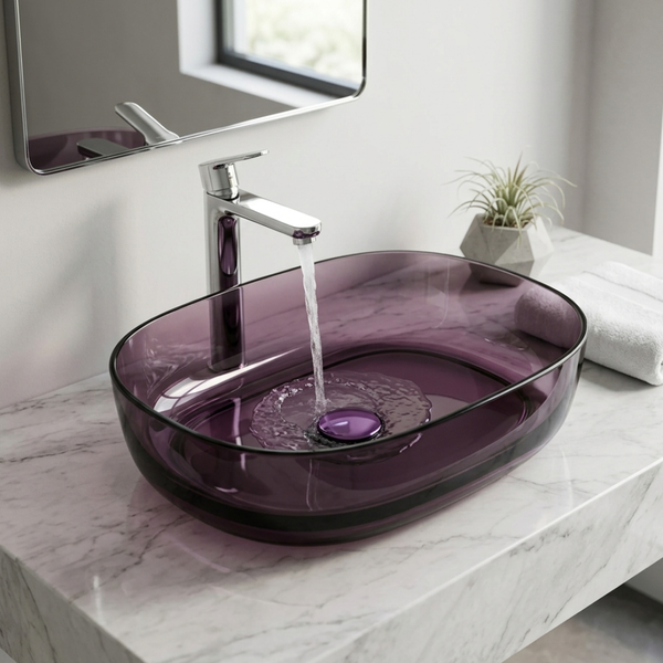 Bassino Modern Transparent Resin Wash Basin | Stylish Countertop Wash Basin for Bathroom–550x400x150 mm GRAPE PURPLE