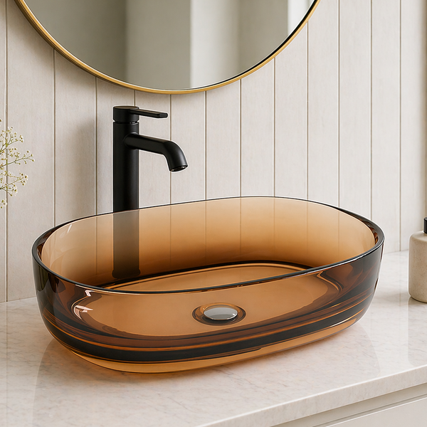 Bassino Modern Transparent Resin Wash Basin | Stylish Countertop Wash Basin for Bathroom–550x400x150 mm Brown