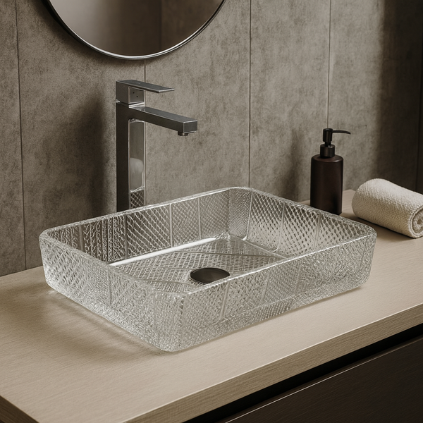 Bassino Modern Transparent Glass Wash Basin | Stylish Countertop Wash Basin for Bathroom–460x320x105 mm Clear