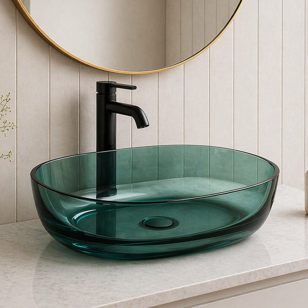 Bassino Modern Transparent Resin Wash Basin | Stylish Countertop Wash Basin for Bathroom–550x400x150 mm LAKE BLUE