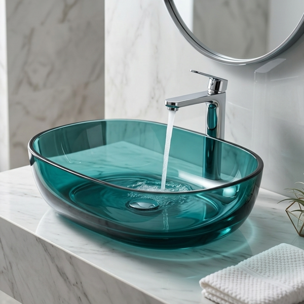 Bassino Modern Transparent Resin Wash Basin | Stylish Countertop Wash Basin for Bathroom–550x400x150 mm LAKE BLUE