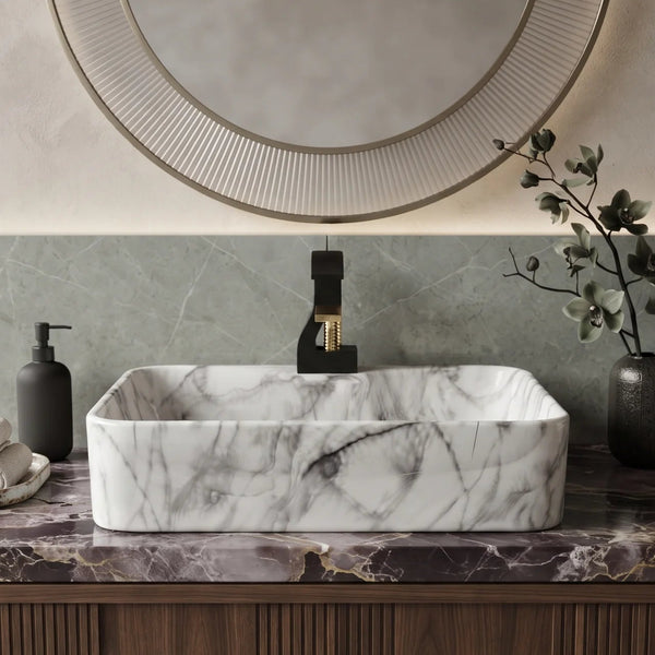 Rectangular Table Top Wash Basin – Glossy White Marble-Look Finish with Grey Veining (19x15x5.5 In)