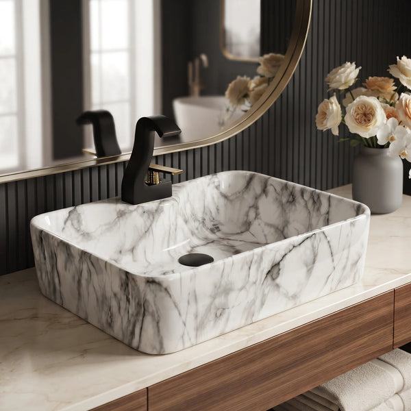 Rectangular Table Top Wash Basin – Glossy White Marble-Look Finish with Grey Veining (19x15x5.5 In)