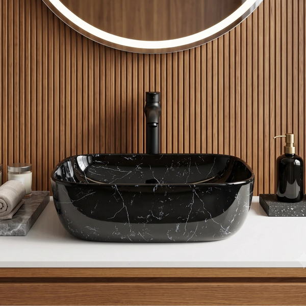 Rectangular Table Top Wash Basin – Glossy Black Marble-Look Finish with White Veining (18 x 14 x 5 In)