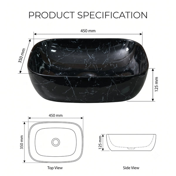 Rectangular Table Top Wash Basin – Glossy Black Marble-Look Finish with White Veining (18 x 14 x 5 In)