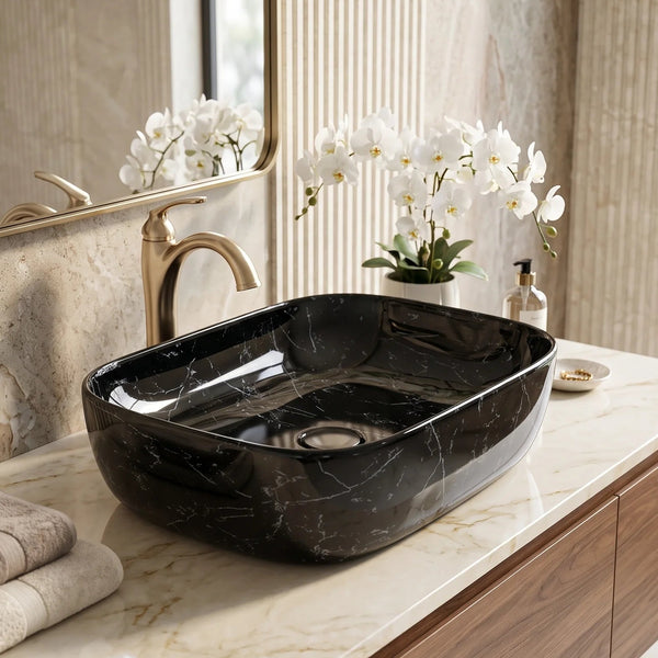 Rectangular Table Top Wash Basin – Glossy Black Marble-Look Finish with White Veining (18 x 14 x 5 In)