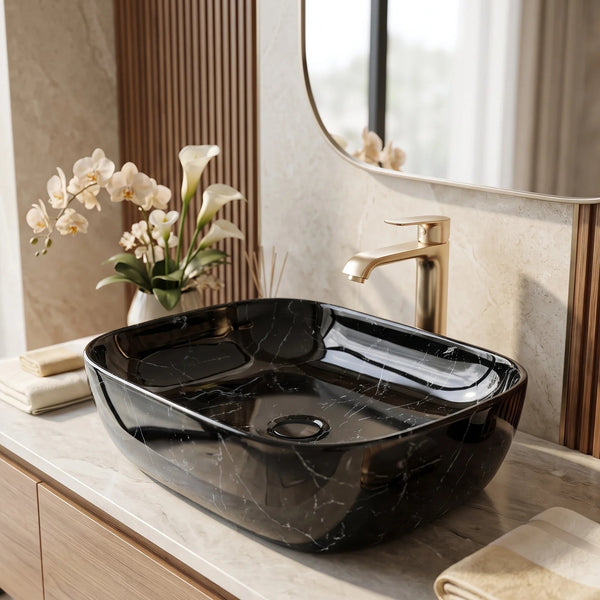 Rectangular Table Top Wash Basin – Glossy Black Marble-Look Finish with White Veining (18 x 14 x 5 In)