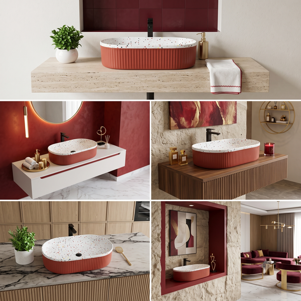 Modern Terrazzo Finish Oval Table Top Wash Basin – Red Ribbed Ceramic | 24× 14× 5.2 Inch