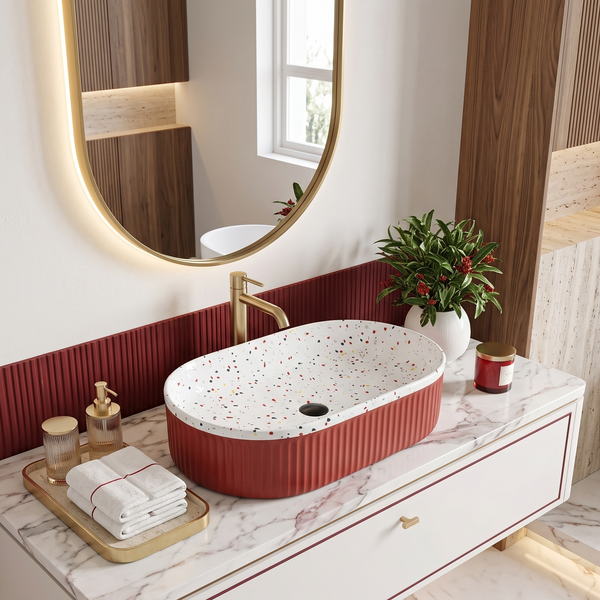 Modern Terrazzo Finish Oval Table Top Wash Basin – Red Ribbed Ceramic | 24× 14× 5.2 Inch