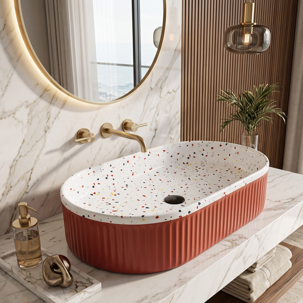 Modern Terrazzo Finish Oval Table Top Wash Basin – Red Ribbed Ceramic | 24× 14× 5.2 Inch