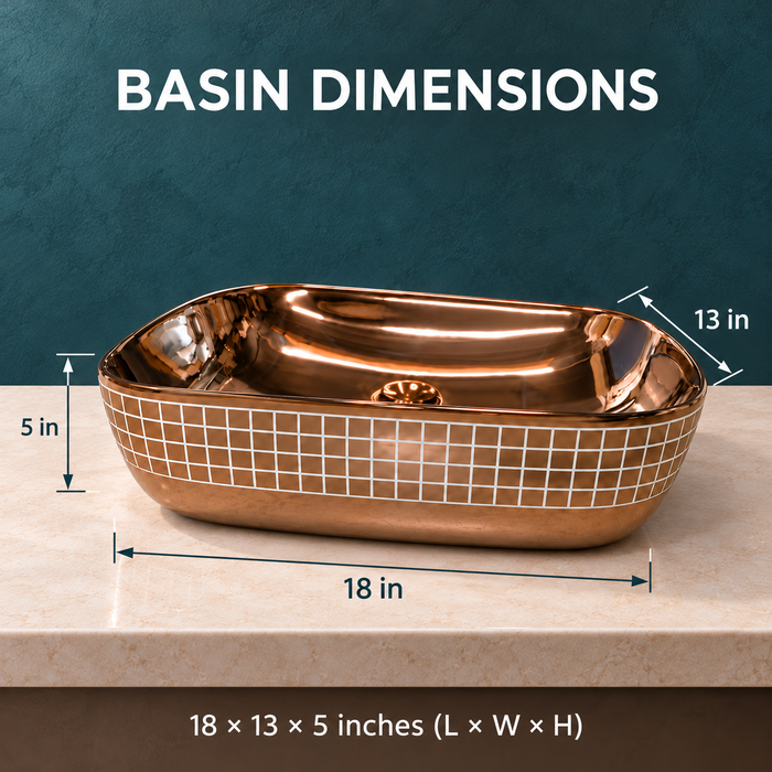 Luxury Gold Rectangular Wash Basin | Gloss Ceramic Counter Top Basin | 18x13x5 inch | Rose Gold