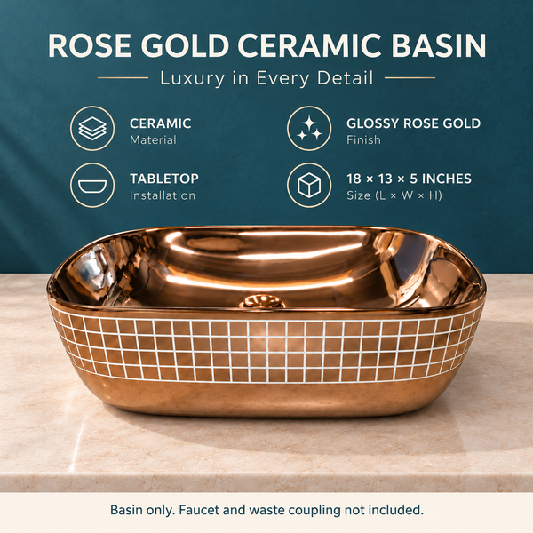 Luxury Gold Rectangular Wash Basin | Gloss Ceramic Counter Top Basin | 18x13x5 inch | Rose Gold
