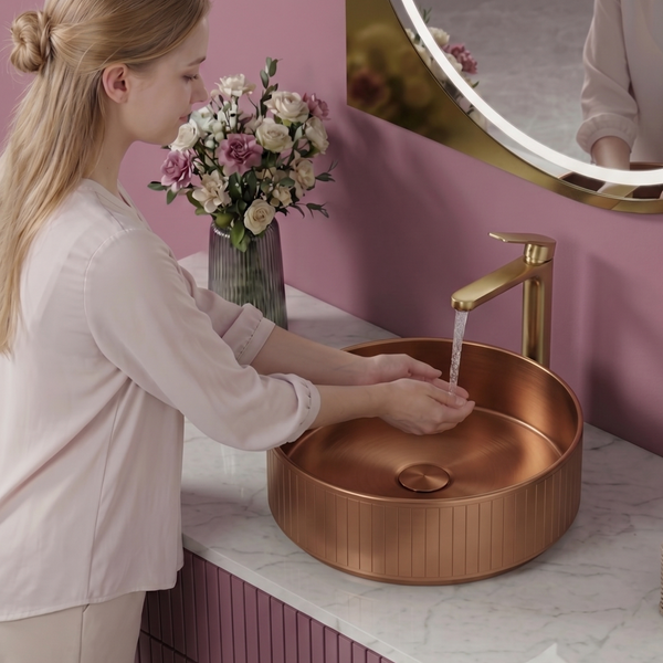 Bassino Modern Stainless Steel Wash Basin | Stylish Countertop Wash Basin for Bathroom–400x400x130 mm Rose gold
