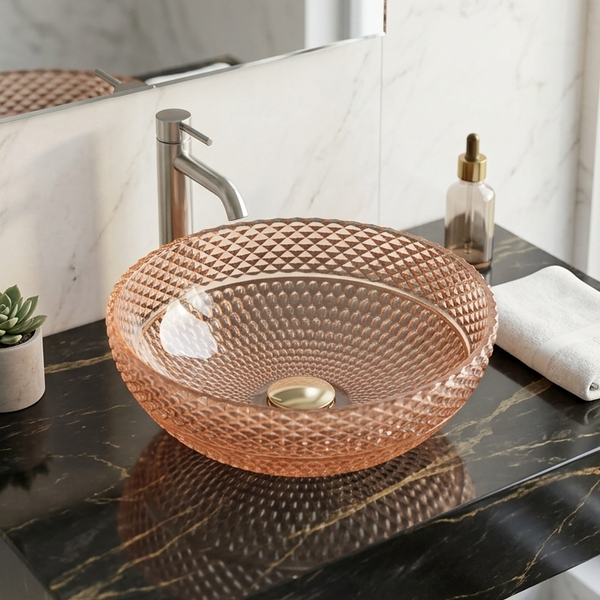 Bassino Modern Transparent Glass Wash Basin | Stylish Countertop Wash Basin for Bathroom–395x395x160 mm Rose gold
