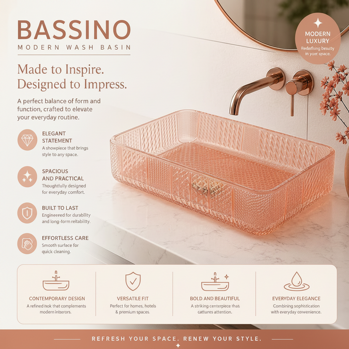 Rose gold Rectangle Transparent Glass Wash Basin
