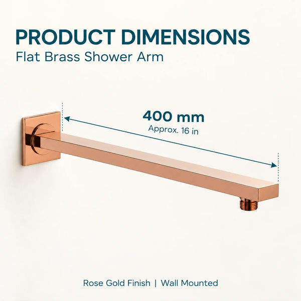 Serveo By Bassino 16-Inch Rose Gold Flat Brass Shower Arm | 400 mm Wall-Mounted Arm for Overhead Rain Showers