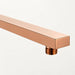 Rose gold flat brass shower arm, 400 mm long, with a square wall flange and downward-facing threaded connector for an overhead shower head.