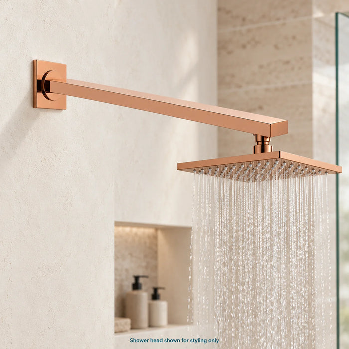 Rose gold flat brass shower arm, 400 mm long, with a square wall flange and downward-facing threaded connector for an overhead shower head.